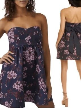 Free People Navy Strapless Floral Bow-Back Mini Dress